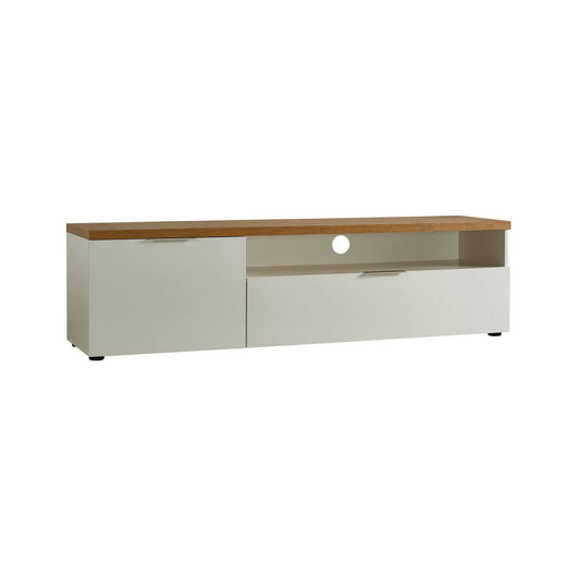 Mobile porta TV Manama, Credenza da soggiorno, Armadio basso per TV, Base parete attrezzata, Made in Italy, 180x48h43 cm, Bianco lucido e Rovere