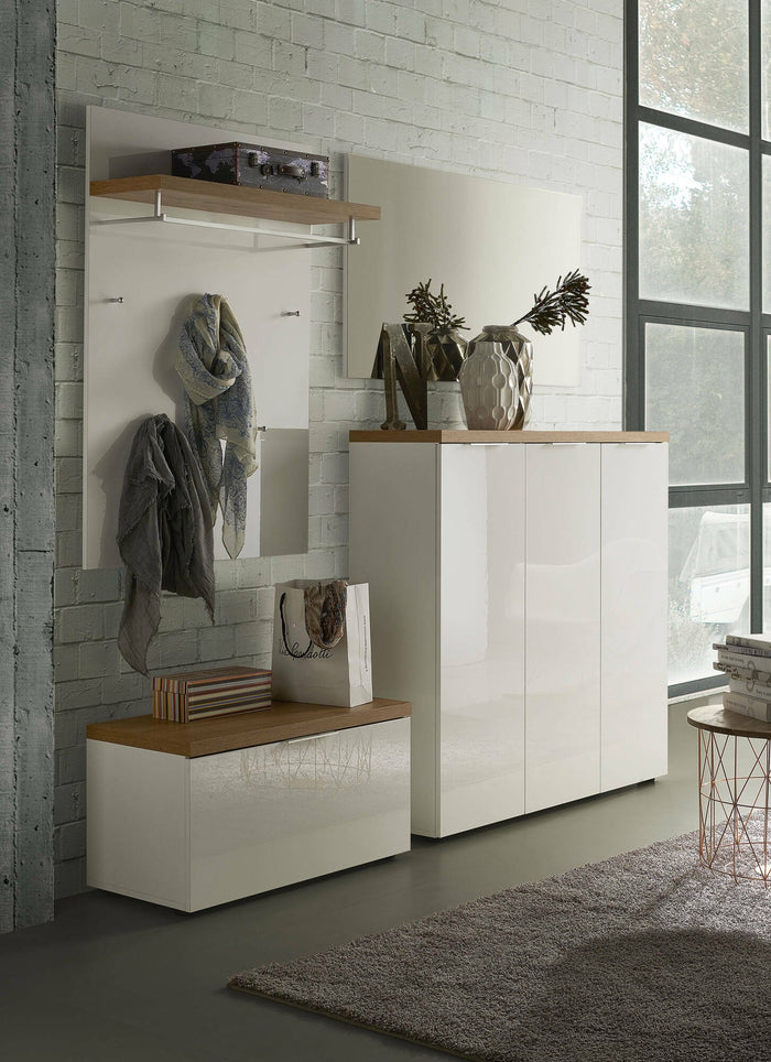 Scarpiera Aspidistra, Mobile portascarpe, Armadio da ingresso multiuso, Mobiletto per calzature, Made in Italy, 122x34h115 cm, Bianco lucido e Rovere