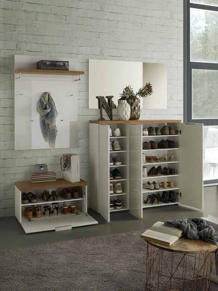 Scarpiera Aspidistra, Mobile portascarpe, Armadio da ingresso multiuso, Mobiletto per calzature, Made in Italy, 122x34h115 cm, Bianco lucido e Rovere