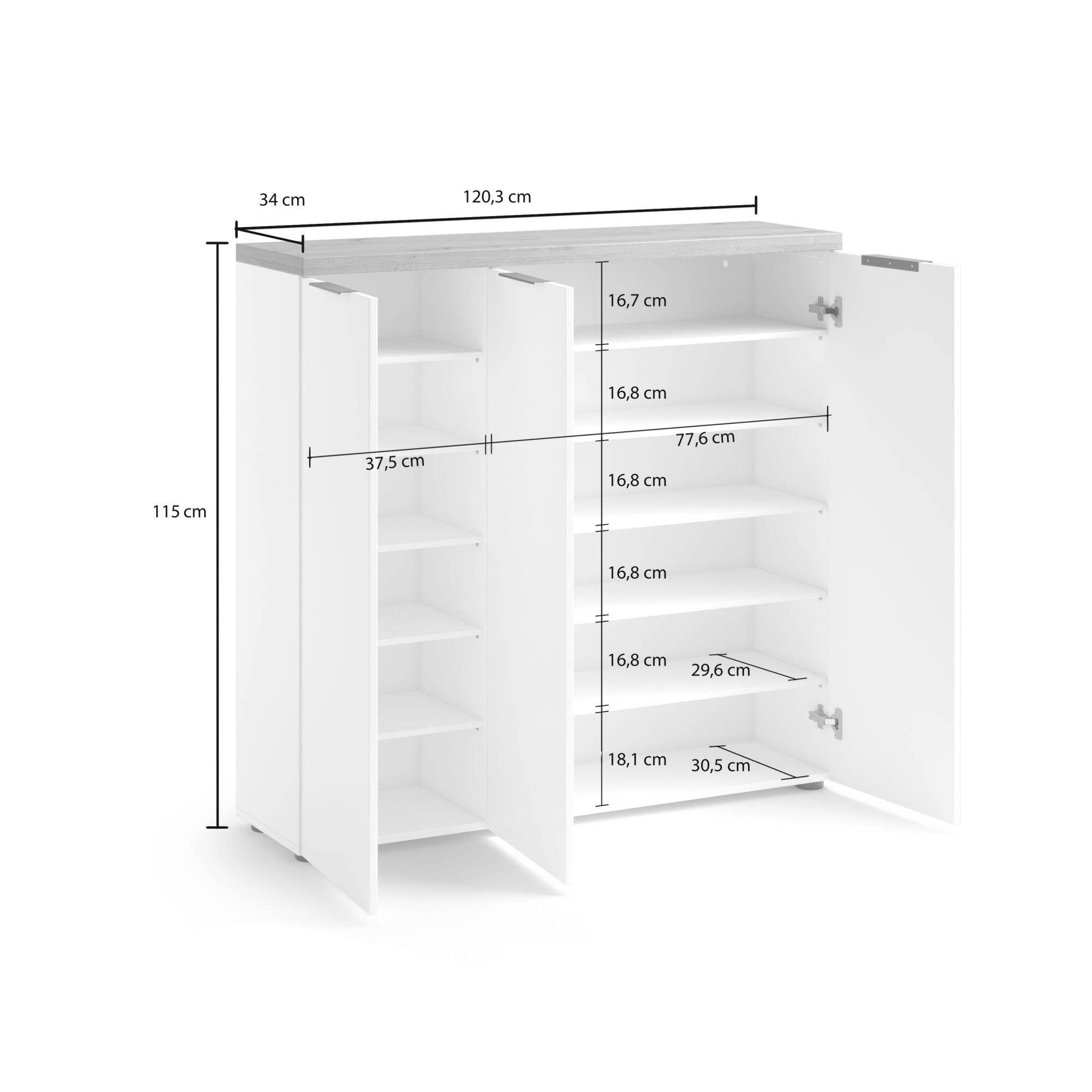 Scarpiera Aspidistra, Mobile portascarpe, Armadio da ingresso multiuso, Mobiletto per calzature, Made in Italy, 122x34h115 cm, Bianco lucido e Rovere