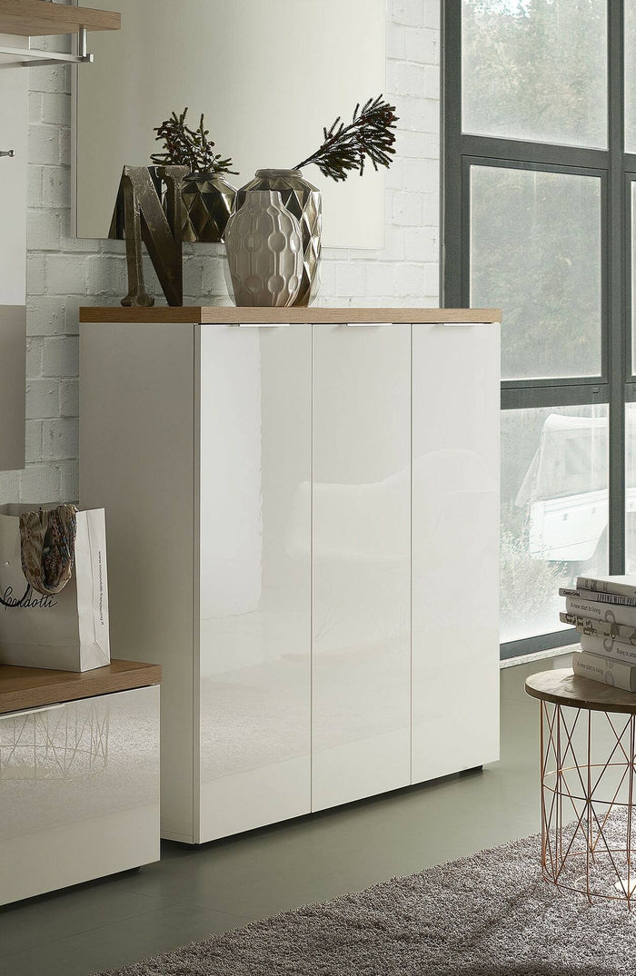 Scarpiera Aspidistra, Mobile portascarpe, Armadio da ingresso multiuso, Mobiletto per calzature, Made in Italy, 122x34h115 cm, Bianco lucido e Rovere