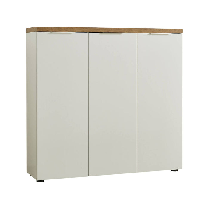 Scarpiera Aspidistra, Mobile portascarpe, Armadio da ingresso multiuso, Mobiletto per calzature, Made in Italy, 122x34h115 cm, Bianco lucido e Rovere