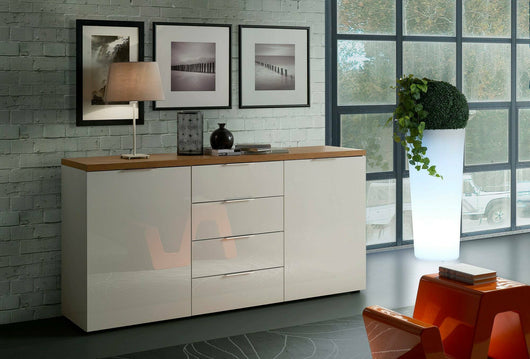 Credenza Satriano, Buffet da soggiorno, Madia da salotto, Dispensa da cucina, Made in Italy, 180x43h89 cm, Bianco lucido e Rovere