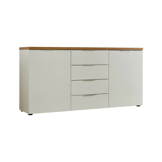 Credenza Satriano, Buffet da soggiorno, Madia da salotto, Dispensa da cucina, Made in Italy, 180x43h89 cm, Bianco lucido e Rovere