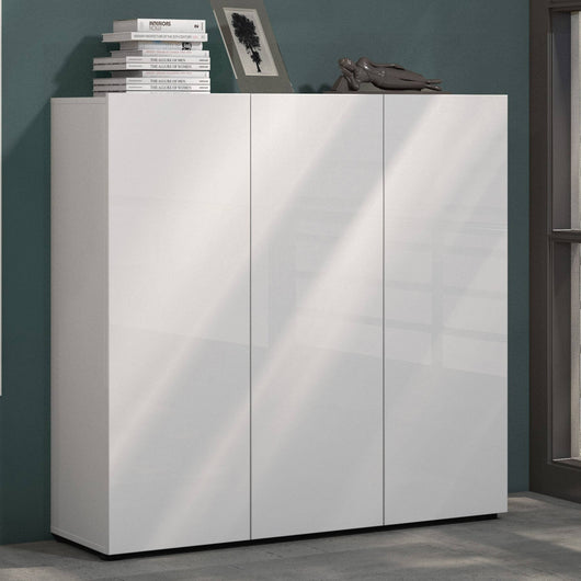 Scarpiera Alcazar, Mobile portascarpe, Armadio da ingresso multiuso, Mobiletto per calzature, Made in Italy, 120x34h115 cm, Bianco lucido