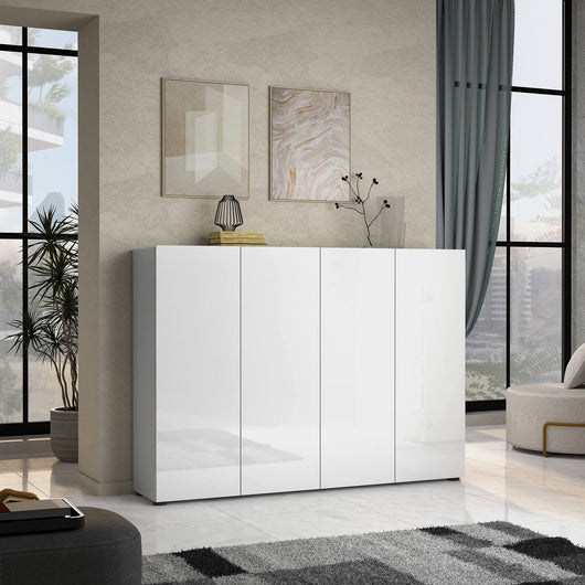 Scarpiera Abdul, Mobile portascarpe, Armadio da ingresso multiuso, Mobiletto per calzature, Made in Italy, 160x34h115 cm, Bianco lucido