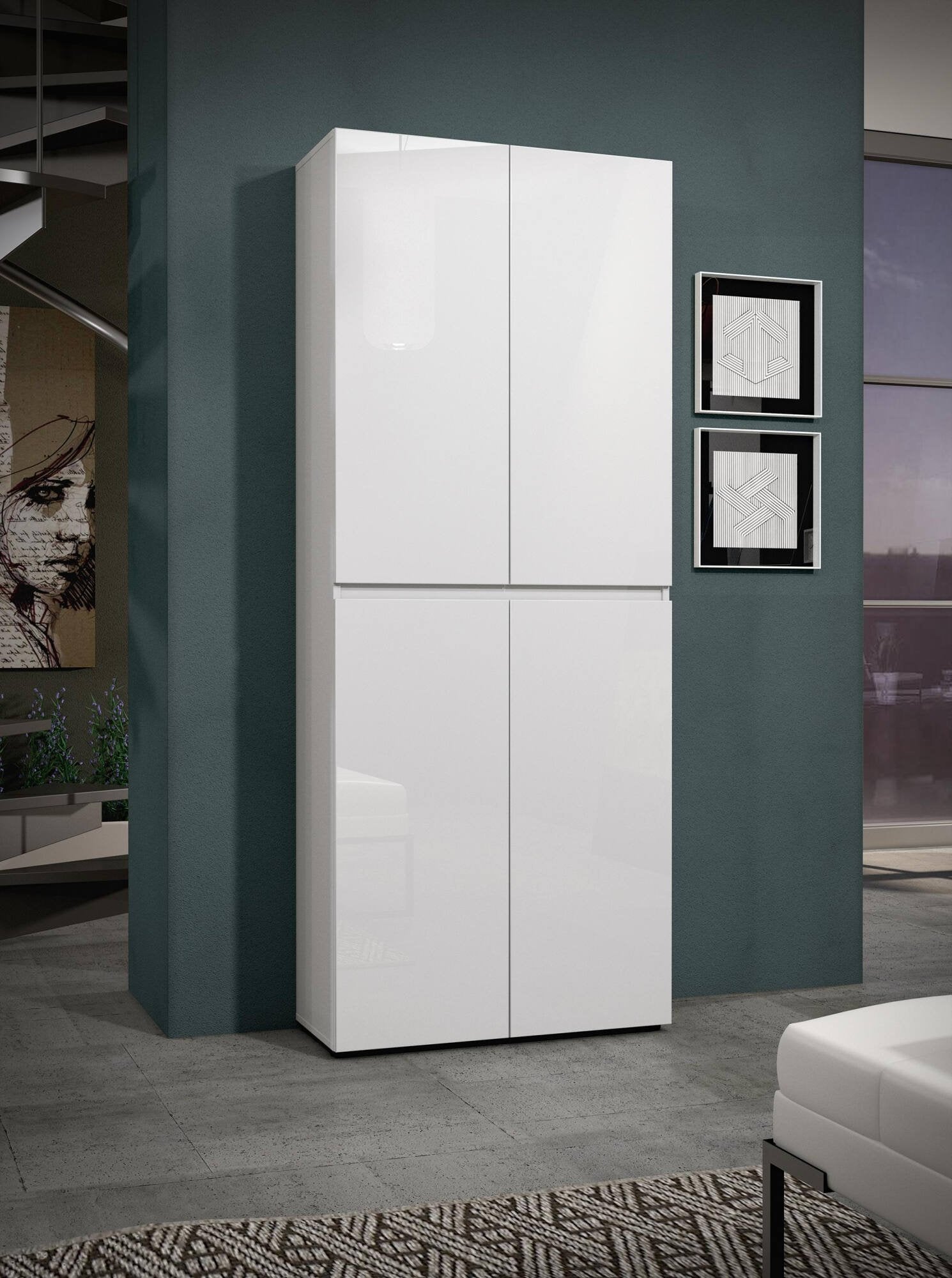 Scarpiera Antaleone, Mobile portascarpe, Armadio da ingresso multiuso, Mobiletto per calzature, Made in Italy, 80x34h200 cm, Bianco lucido