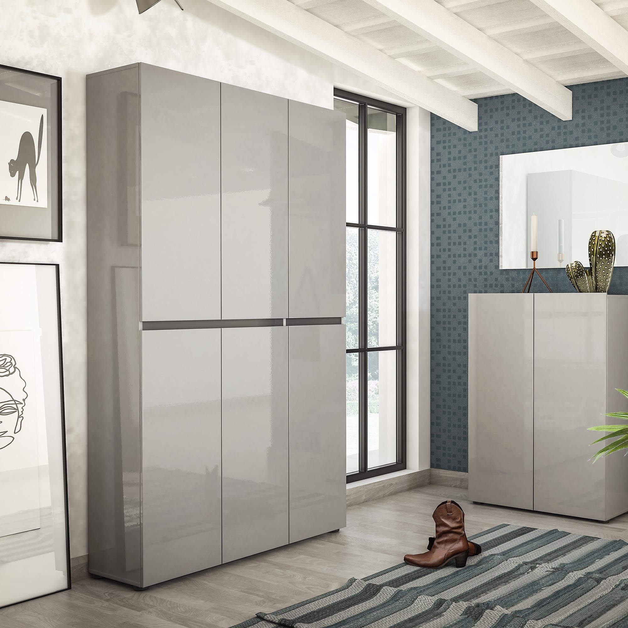 Scarpiera Diva, Mobile portascarpe, Armadio da ingresso multiuso, Mobiletto per calzature, Made in Italy, 122x34h200 cm, Grigio