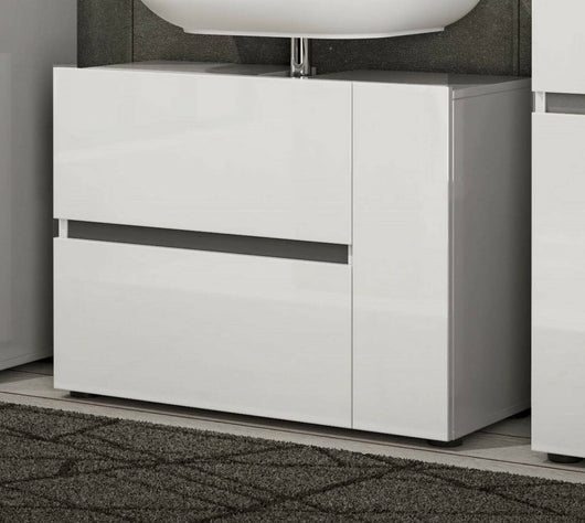 Mobile sottolavabo Alamo, Mobiletto da bagno, Contenitore porta lavabo, Armadio per lavandino, Made in Italy, Bianco lucido, 83x34h62 cm