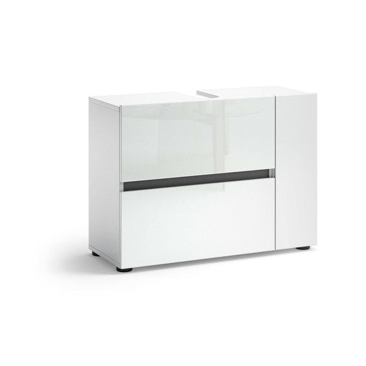 Mobile sottolavabo Alamo, Mobiletto da bagno, Contenitore porta lavabo, Armadio per lavandino, Made in Italy, Bianco lucido, 83x34h62 cm