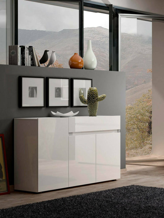 Credenza Deodata, Buffet da soggiorno, Madia da salotto, Dispensa da cucina, Made in Italy, 135x38h79 cm, Bianco lucido