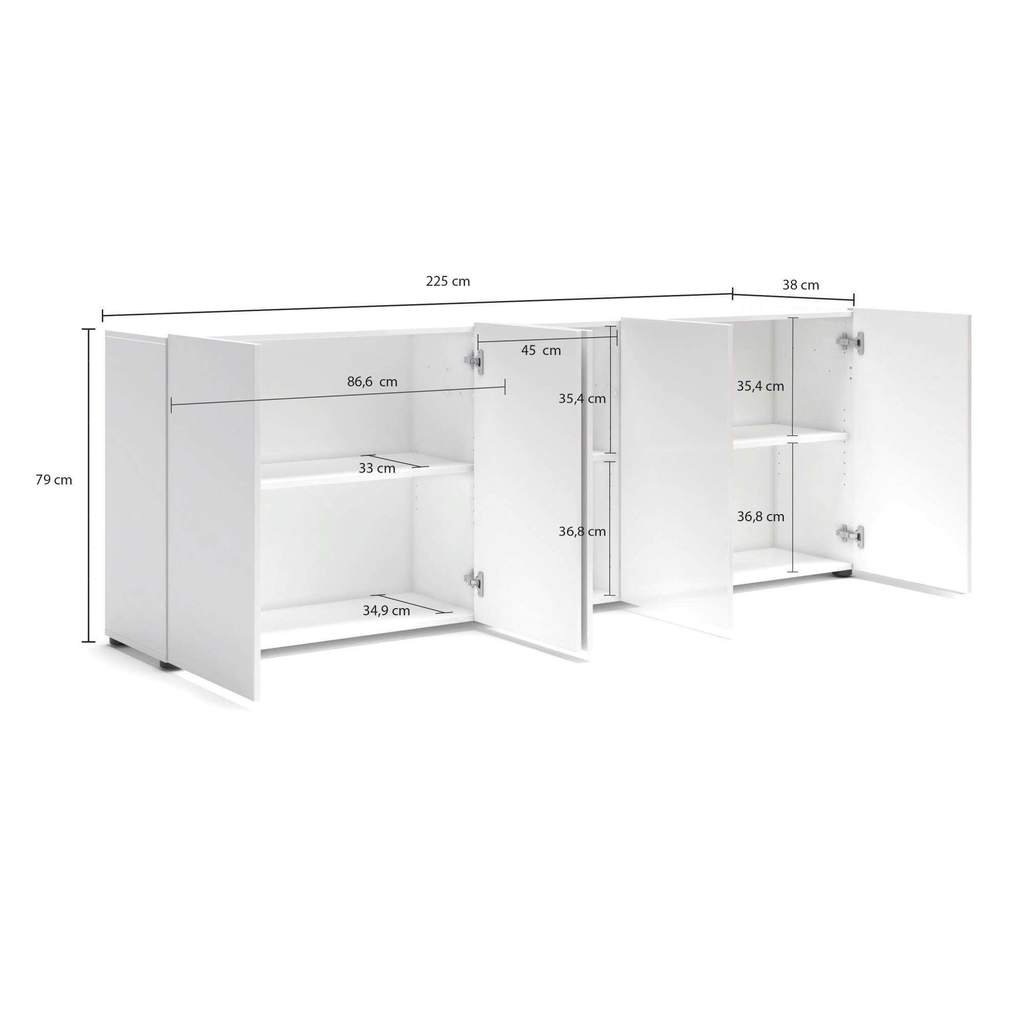 Credenza Macaria, Buffet da soggiorno, Madia da salotto, Dispensa da cucina, Made in Italy, 225x38h79 cm, Bianco lucido