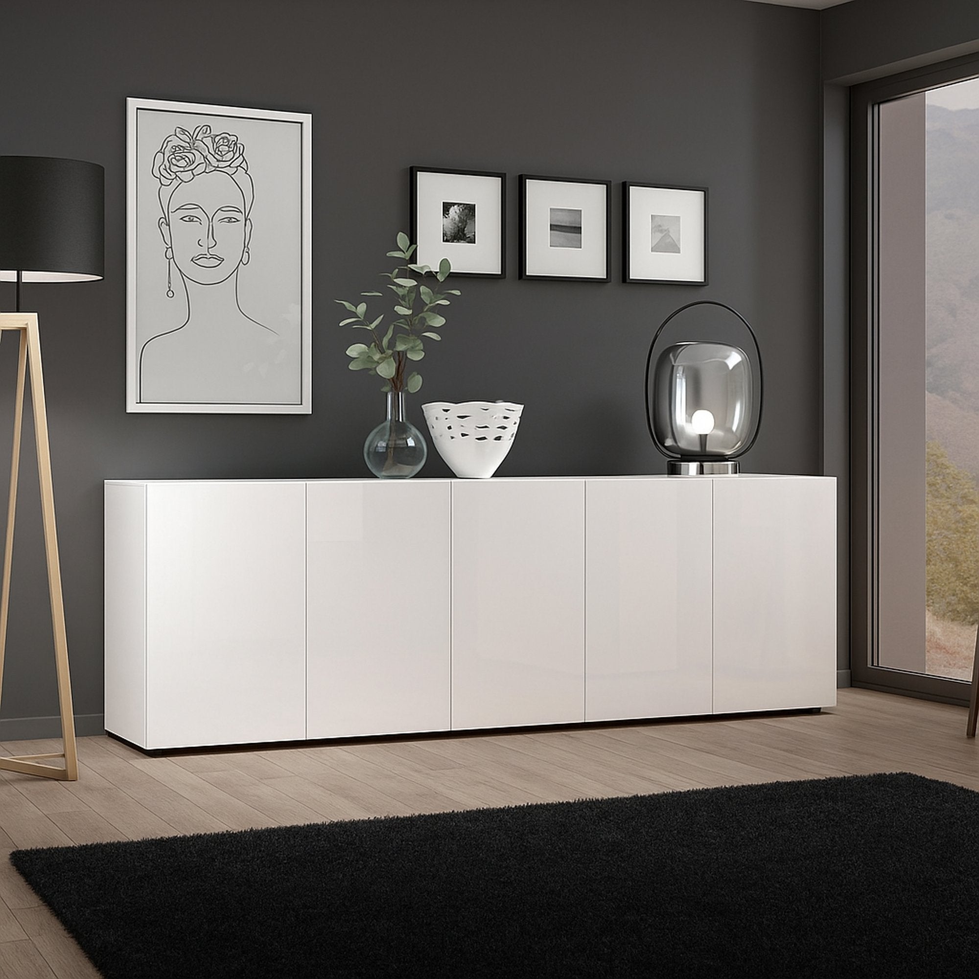 Credenza Macaria, Buffet da soggiorno, Madia da salotto, Dispensa da cucina, Made in Italy, 225x38h79 cm, Bianco lucido