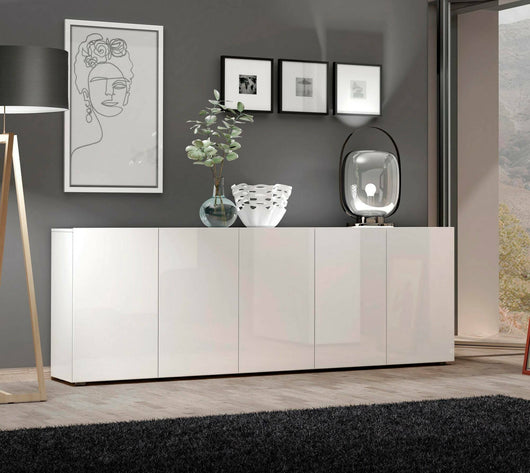 Credenza Macaria, Buffet da soggiorno, Madia da salotto, Dispensa da cucina, Made in Italy, 225x38h79 cm, Bianco lucido