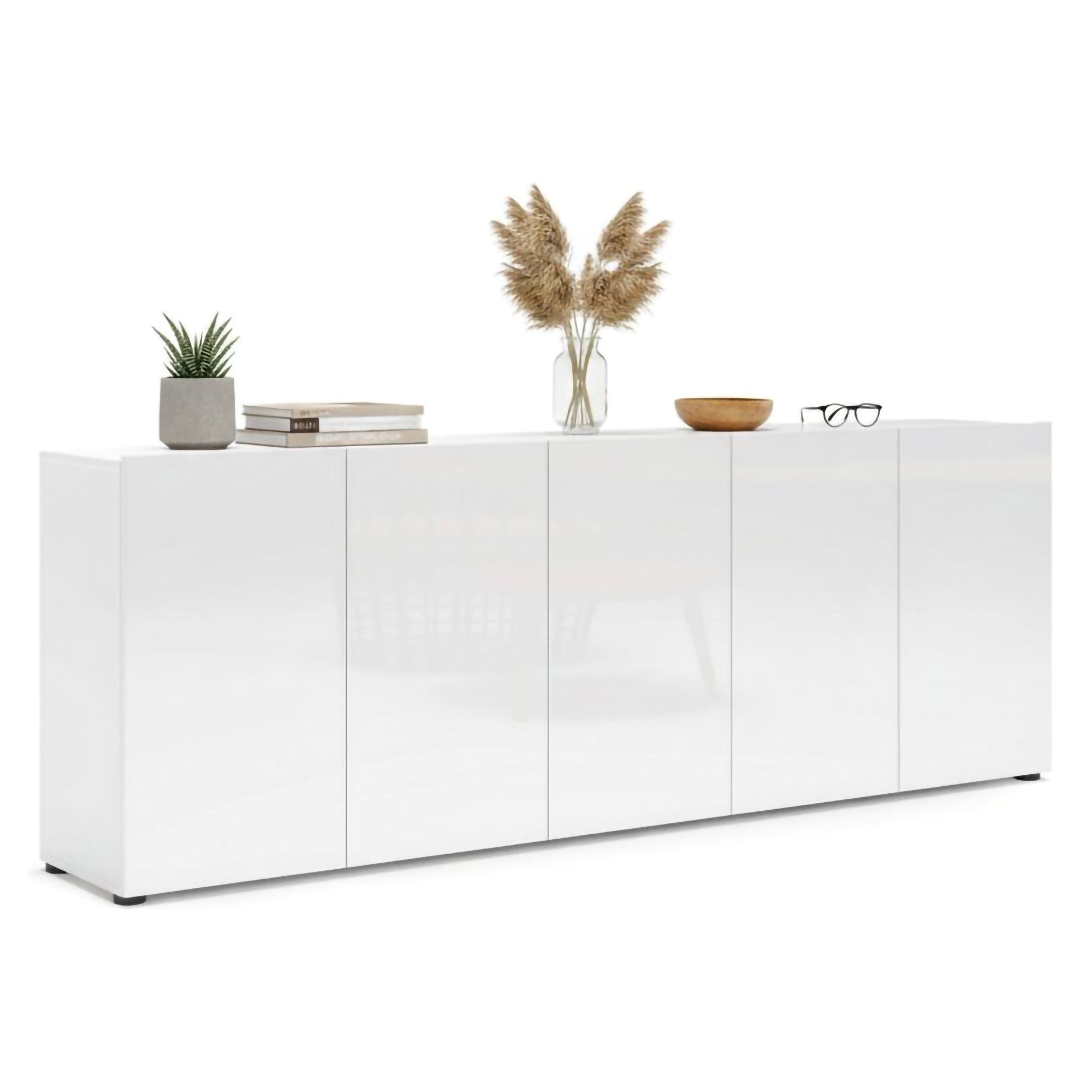 Credenza Macaria, Buffet da soggiorno, Madia da salotto, Dispensa da cucina, Made in Italy, 225x38h79 cm, Bianco lucido