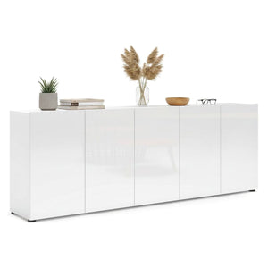 Credenza Macaria, Buffet da soggiorno, Madia da salotto, Dispensa da cucina, Made in Italy, 225x38h79 cm, Bianco lucido