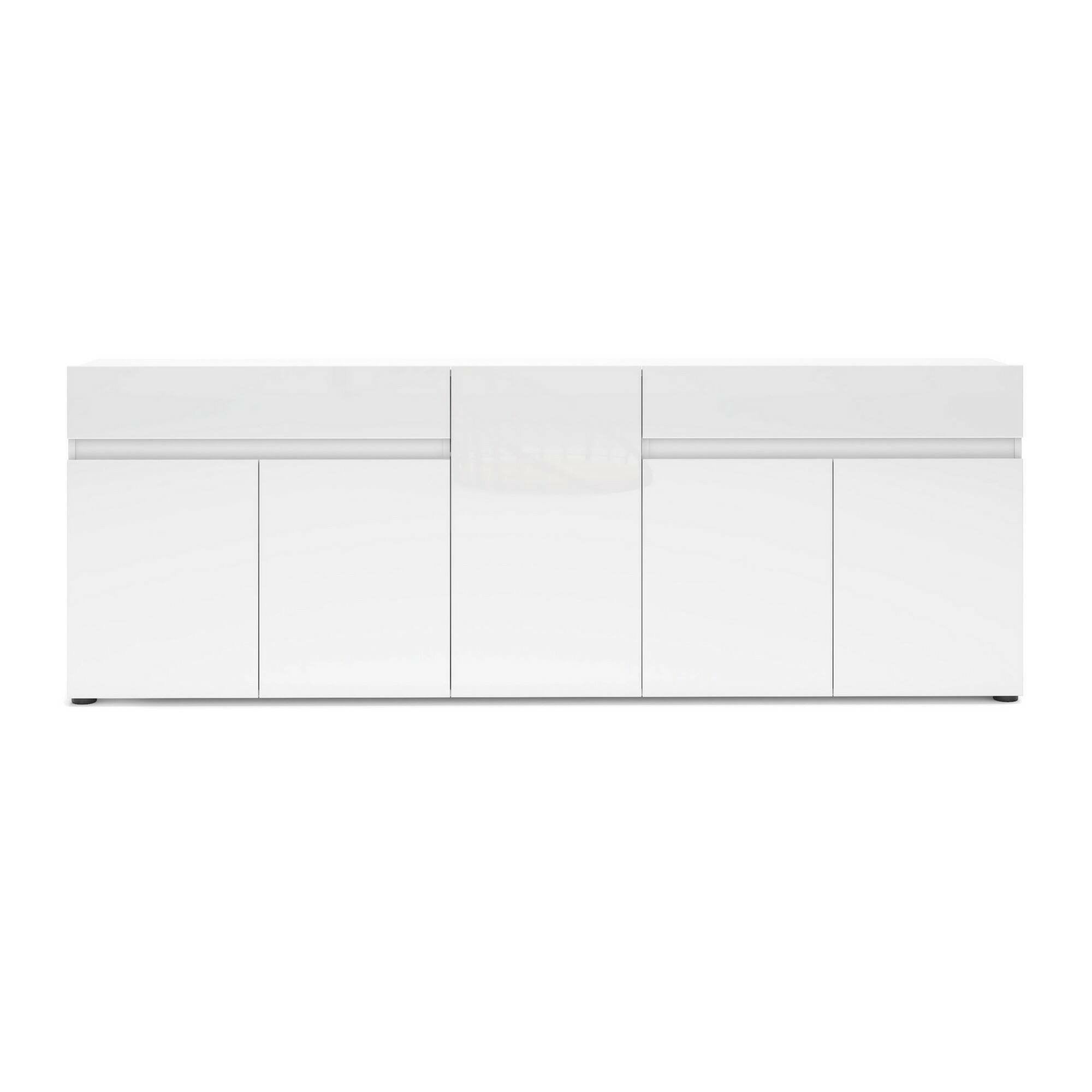 Credenza Elenia, Buffet da soggiorno, Madia da salotto, Dispensa da cucina, Made in Italy, 225x38h79 cm, Bianco lucido