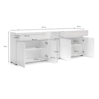 Credenza Elenia, Buffet da soggiorno, Madia da salotto, Dispensa da cucina, Made in Italy, 225x38h79 cm, Bianco lucido