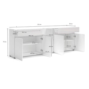 Credenza Elenia, Buffet da soggiorno, Madia da salotto, Dispensa da cucina, Made in Italy, 225x38h79 cm, Bianco lucido