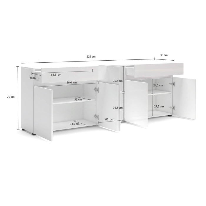 Credenza Elenia, Buffet da soggiorno, Madia da salotto, Dispensa da cucina, Made in Italy, 225x38h79 cm, Bianco lucido