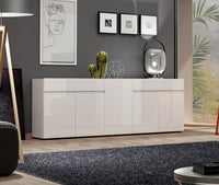 Credenza Elenia, Buffet da soggiorno, Madia da salotto, Dispensa da cucina, Made in Italy, 225x38h79 cm, Bianco lucido