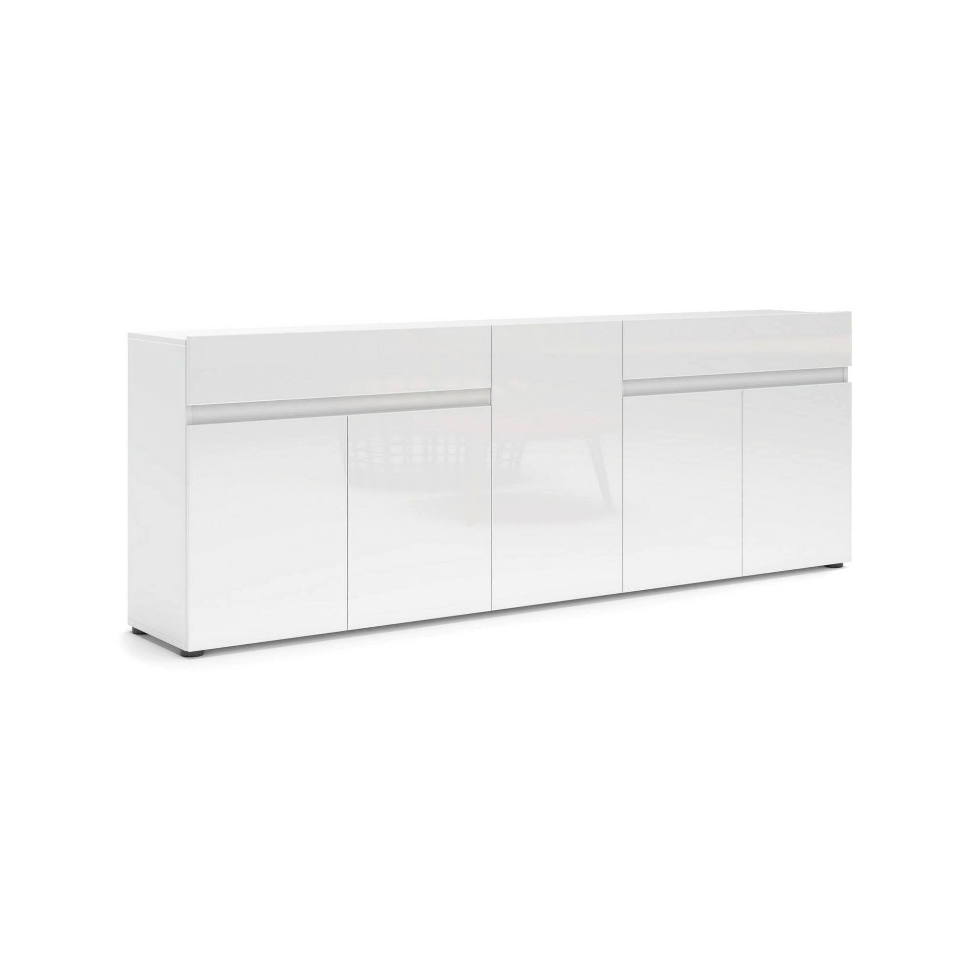 Credenza Elenia, Buffet da soggiorno, Madia da salotto, Dispensa da cucina, Made in Italy, 225x38h79 cm, Bianco lucido