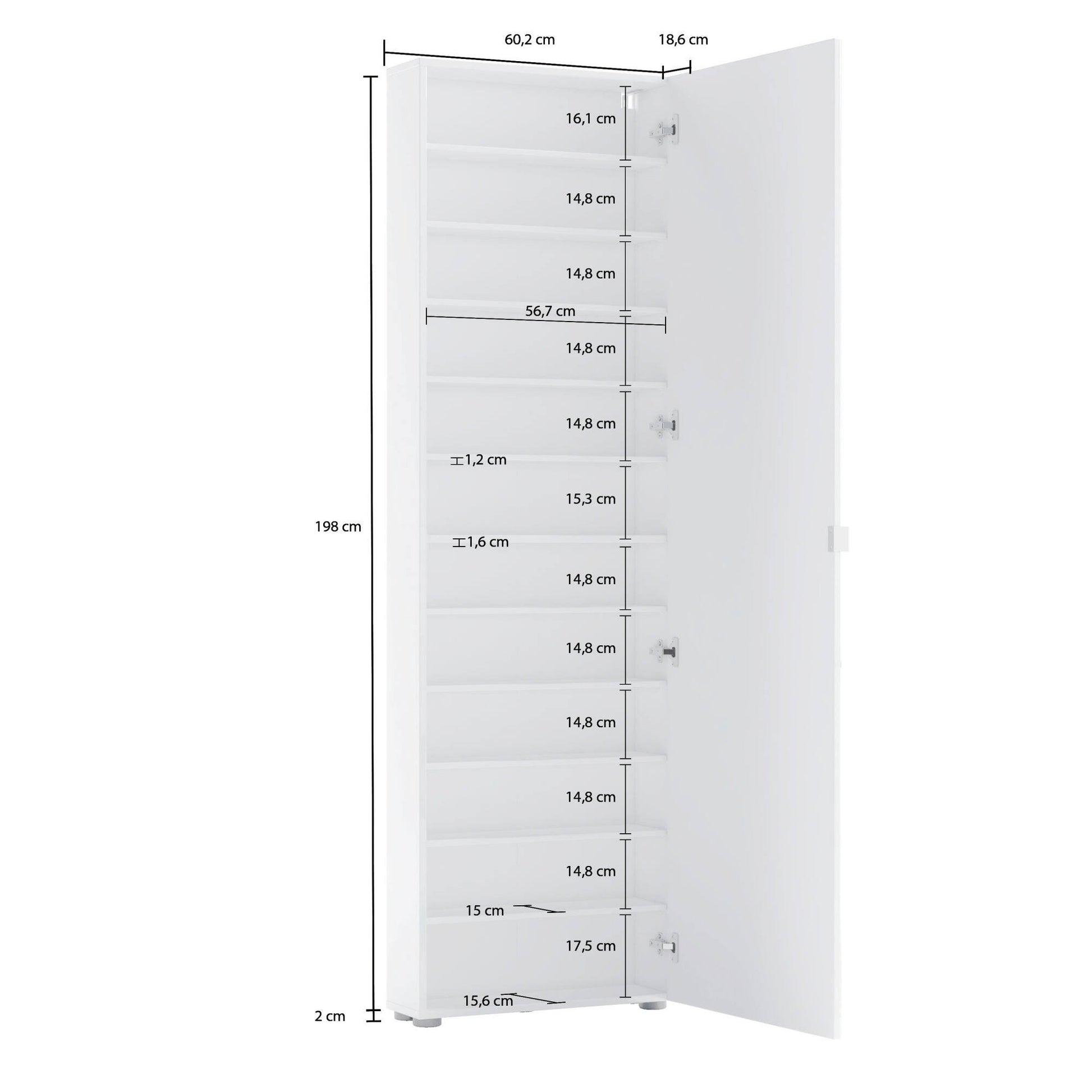 Ippolita, Armadio Multiuso 1 Anta 11 Ripiani Made in Italy, 60x200h cm Bianco Lucido