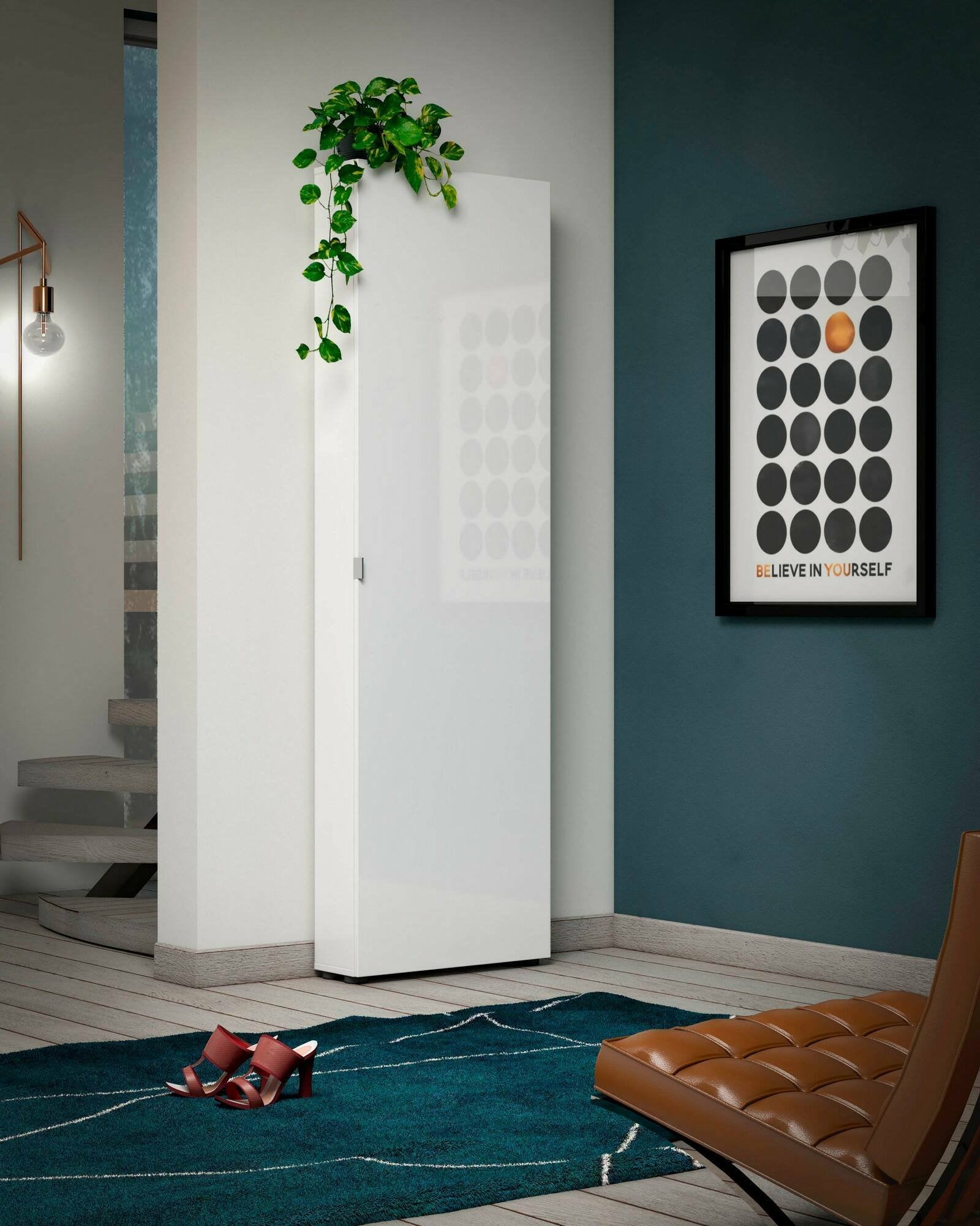 Ippolita, Armadio Multiuso 1 Anta 11 Ripiani Made in Italy, 60x200h cm Bianco Lucido