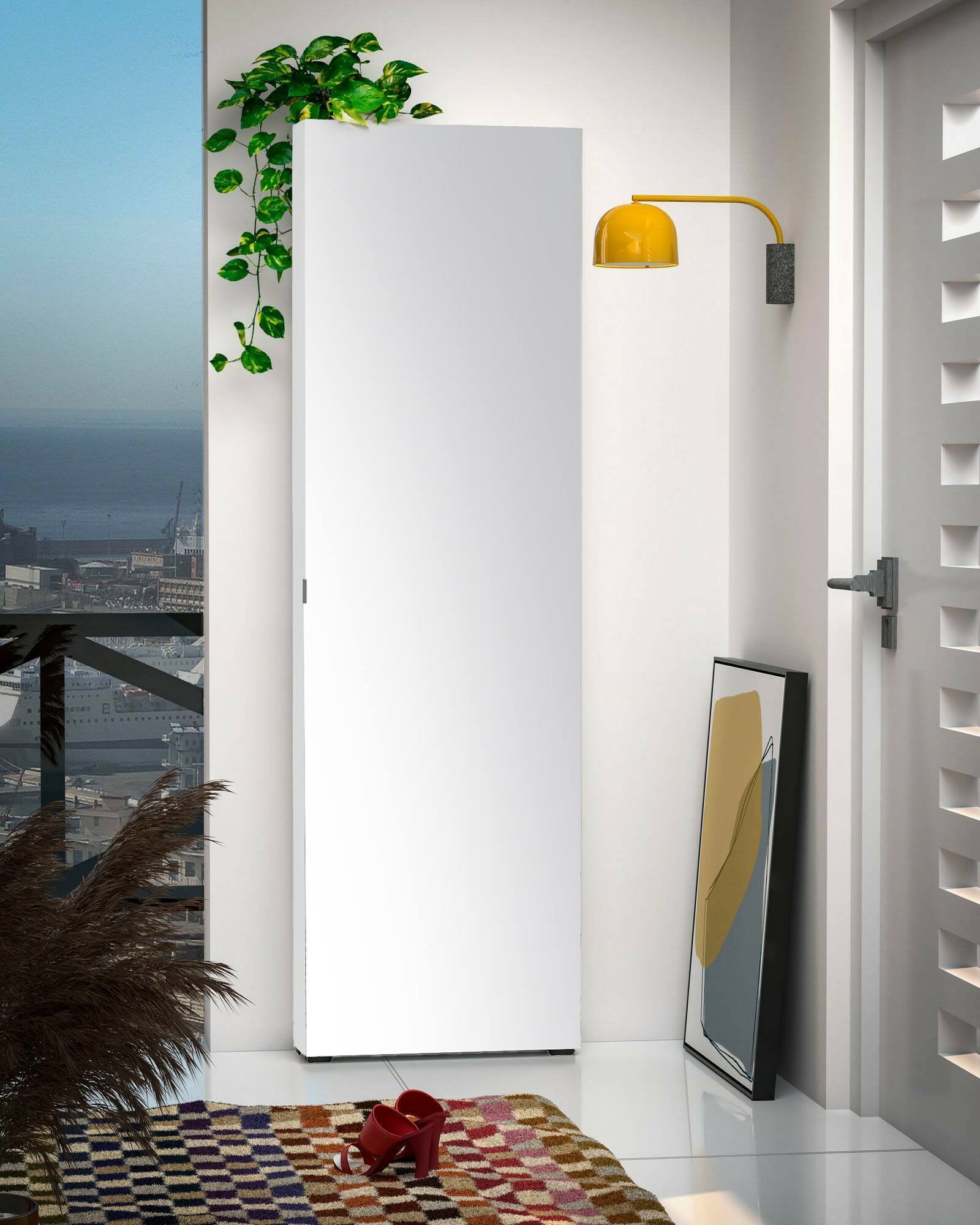 Armadio multiuso 1 anta Prehnite, Mobile multifunzionale, Mobiletto scarpiera, Guardaroba porta scarpe, Made in Italy, 60x19h200 cm, Bianco lucido