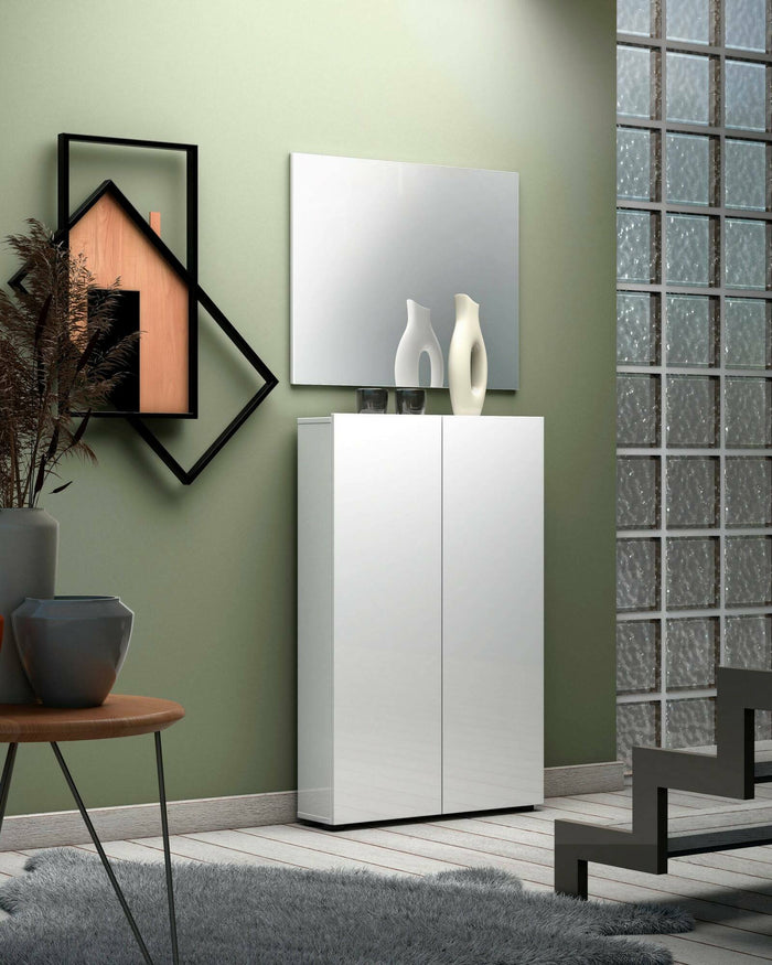 Armadio multiuso 2 ante Unicorno, Mobile multifunzionale, Mobiletto scarpiera, Guardaroba porta scarpe, Made in Italy, 70x19h115 cm, Bianco lucido