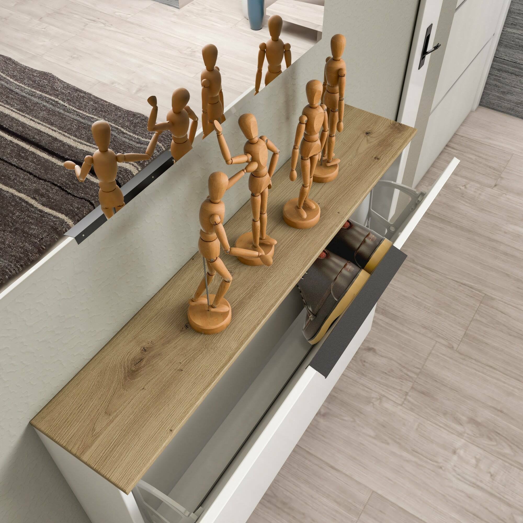 Scarpiera Achiko, Mobile portascarpe, Armadio da ingresso multiuso, Mobiletto per calzature, Made in Italy, 160x19h80 cm, Bianco lucido e Rovere