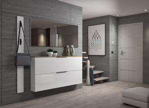 Scarpiera Achiko, Mobile portascarpe, Armadio da ingresso multiuso, Mobiletto per calzature, Made in Italy, 160x19h80 cm, Bianco lucido e Rovere