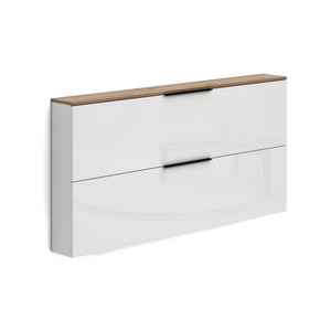 Scarpiera Achiko, Mobile portascarpe, Armadio da ingresso multiuso, Mobiletto per calzature, Made in Italy, 160x19h80 cm, Bianco lucido e Rovere