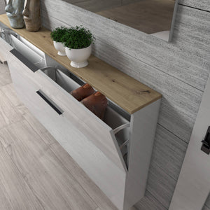 Scarpiera Achiko, Mobile portascarpe, Armadio da ingresso multiuso, Mobiletto per calzature, Made in Italy, 160x19h80 cm, Antracite lucido e Rovere