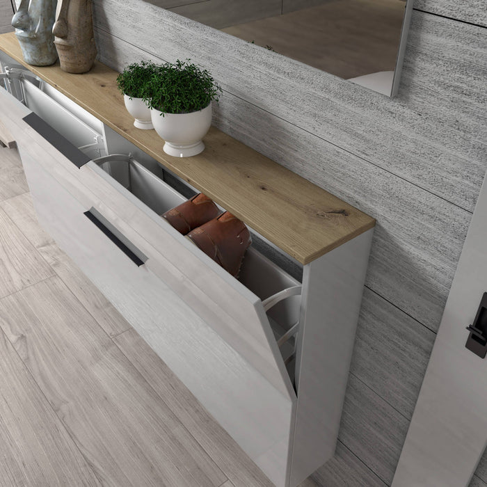 Scarpiera Achiko, Mobile portascarpe, Armadio da ingresso multiuso, Mobiletto per calzature, Made in Italy, 160x19h80 cm, Antracite lucido e Rovere