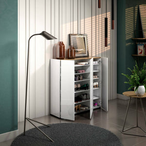 Scarpiera Arrone, Mobile portascarpe, Armadio da ingresso multiuso, Mobiletto per calzature, Made in Italy, 116x35h115 cm, Bianco lucido e Rovere