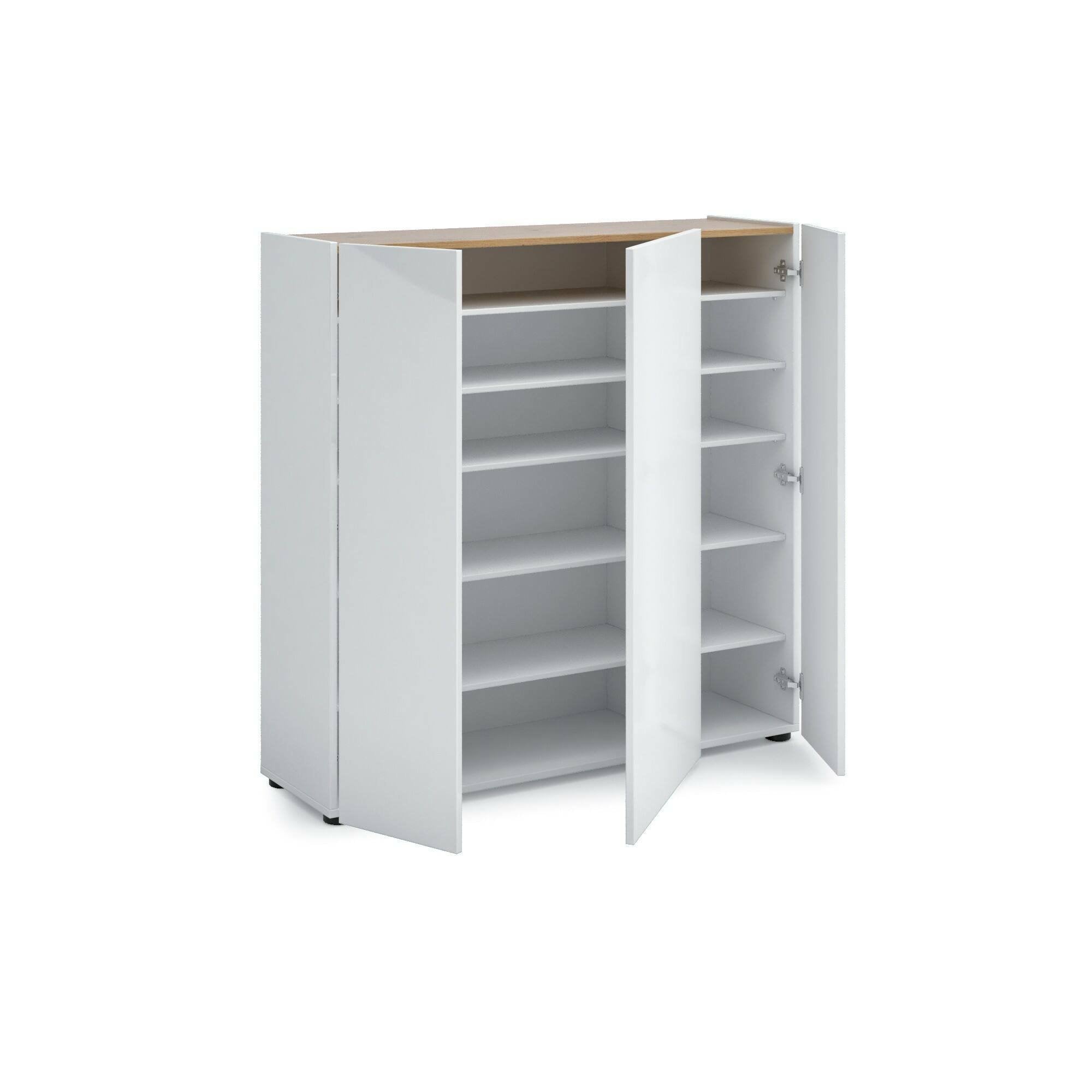 Scarpiera Arrone, Mobile portascarpe, Armadio da ingresso multiuso, Mobiletto per calzature, Made in Italy, 116x35h115 cm, Bianco lucido e Rovere