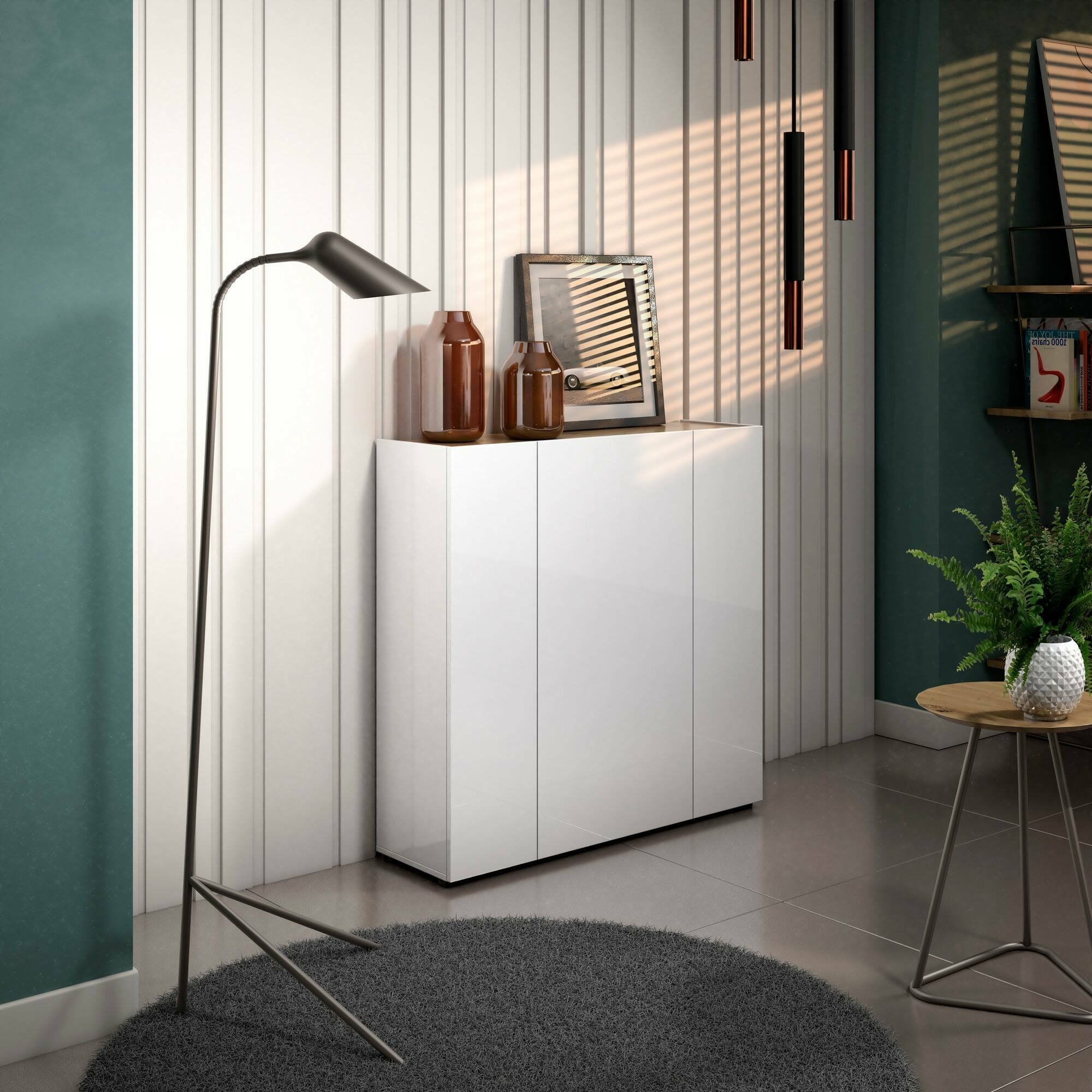 Scarpiera Arrone, Mobile portascarpe, Armadio da ingresso multiuso, Mobiletto per calzature, Made in Italy, 116x35h115 cm, Bianco lucido e Rovere