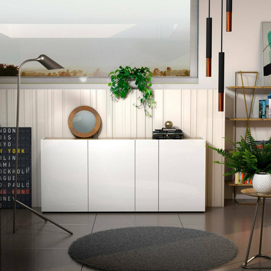 Credenza Arcanda, Buffet da soggiorno, Madia da salotto, Dispensa da cucina, Made in Italy, 203x40h92 cm, Bianco lucido e Rovere