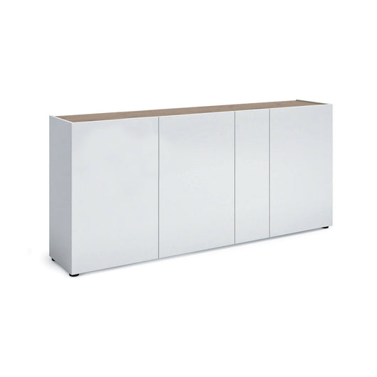 Credenza Arcanda, Buffet da soggiorno, Madia da salotto, Dispensa da cucina, Made in Italy, 203x40h92 cm, Bianco lucido e Rovere
