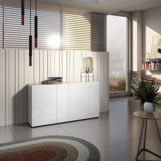 Credenza Talassa, Buffet da soggiorno, Madia da salotto, Dispensa da cucina, Made in Italy, 174x40h92 cm, Bianco lucido e Rovere