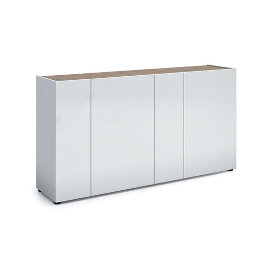 Credenza Talassa, Buffet da soggiorno, Madia da salotto, Dispensa da cucina, Made in Italy, 174x40h92 cm, Bianco lucido e Rovere