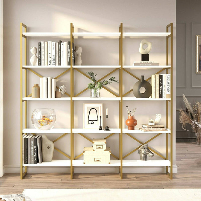 Libreria Gauro, Scaffale da ufficio, Mobile portalibri, Biblioteca, 170x30h175 cm, Bianco e Oro