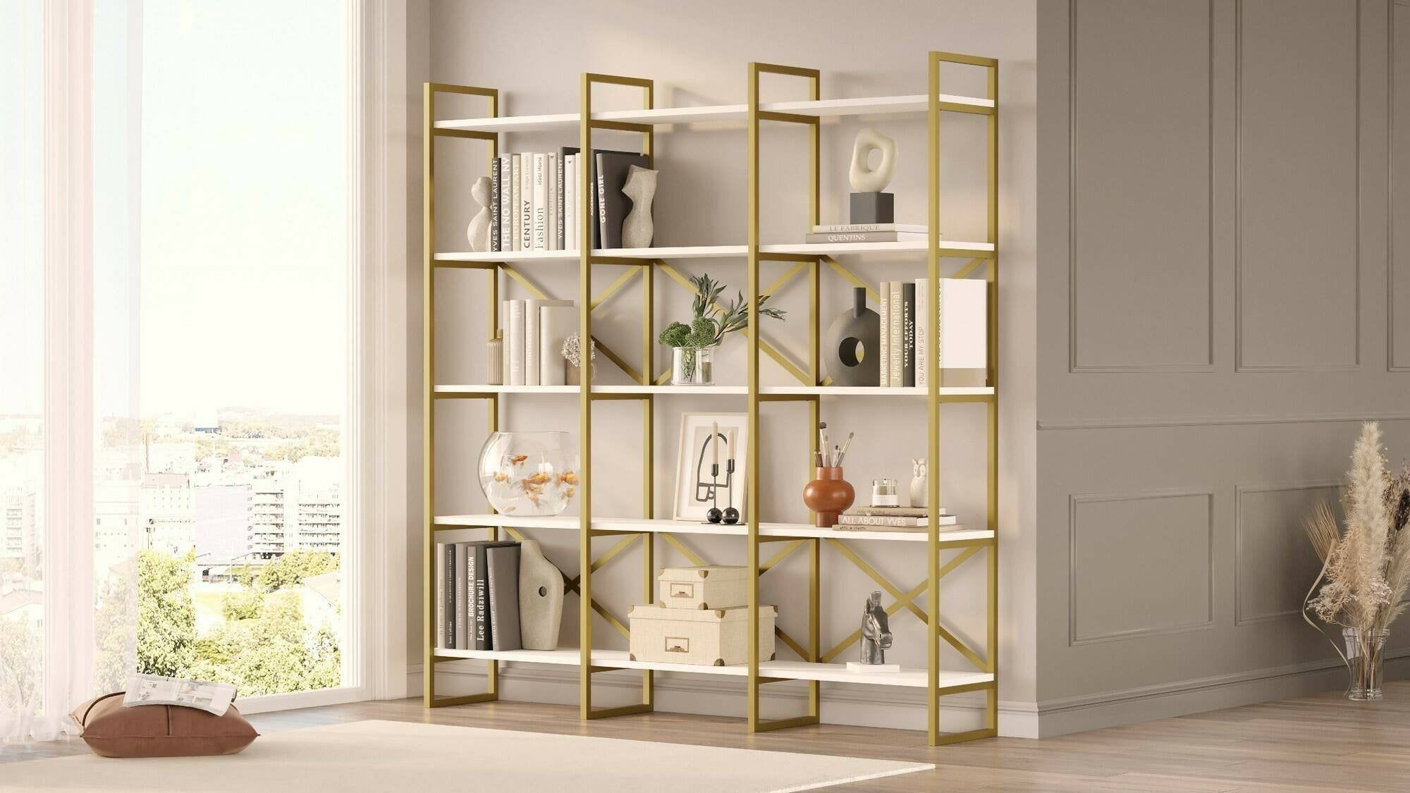 Libreria Gauro, Scaffale da ufficio, Mobile portalibri, Biblioteca, 170x30h175 cm, Bianco e Oro