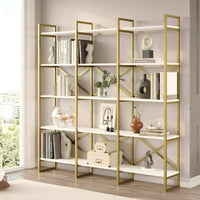 Libreria Gauro, Scaffale da ufficio, Mobile portalibri, Biblioteca, 170x30h175 cm, Bianco e Oro