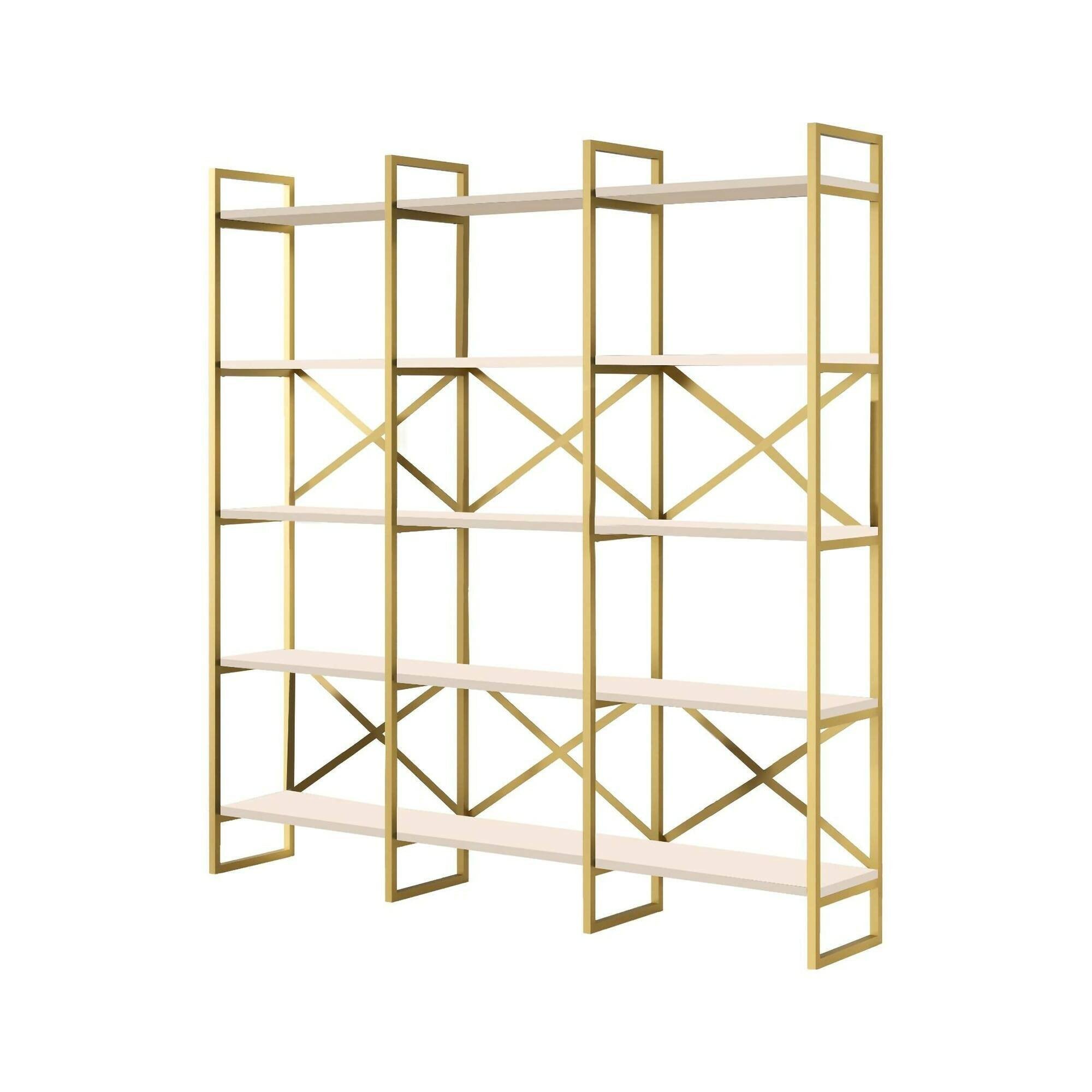 Libreria Gauro, Scaffale da ufficio, Mobile portalibri, Biblioteca, 170x30h175 cm, Bianco e Oro