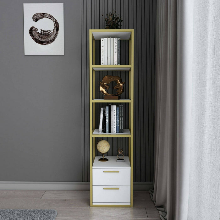 Libreria Arsim, Scaffale da ufficio, Mobile portalibri, Biblioteca, 39x39h169 cm, Oro e Bianco