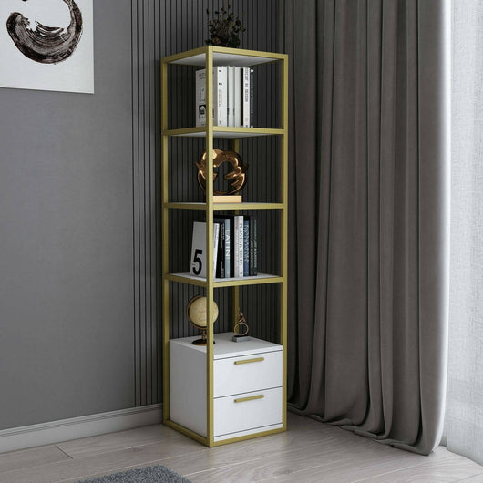 Libreria Arsim, Scaffale da ufficio, Mobile portalibri, Biblioteca, 39x39h169 cm, Oro e Bianco