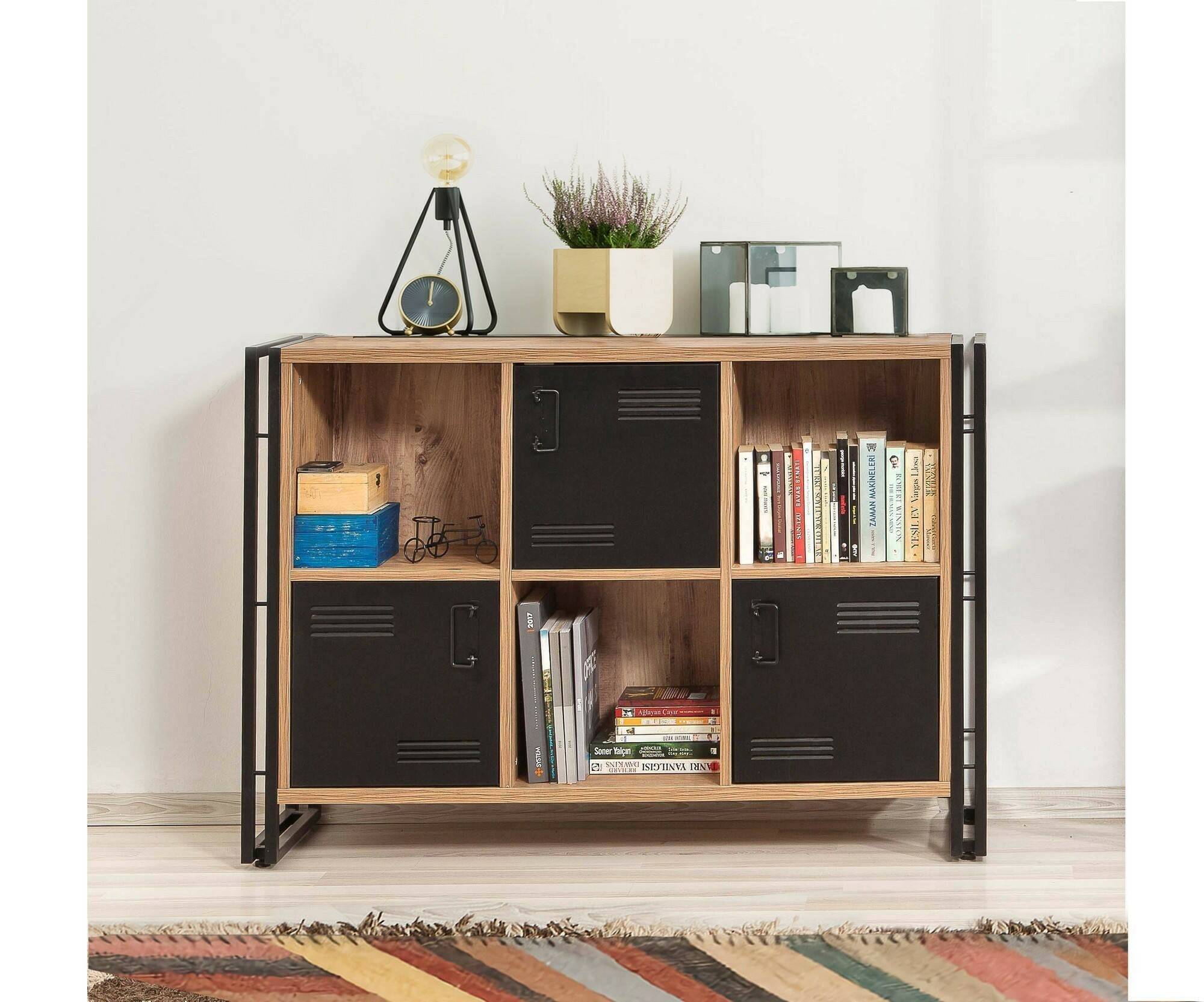 Libreria Ercolina, Scaffale da ufficio, Mobile portalibri, Biblioteca, 126x35h89 cm, Quercia e Nero