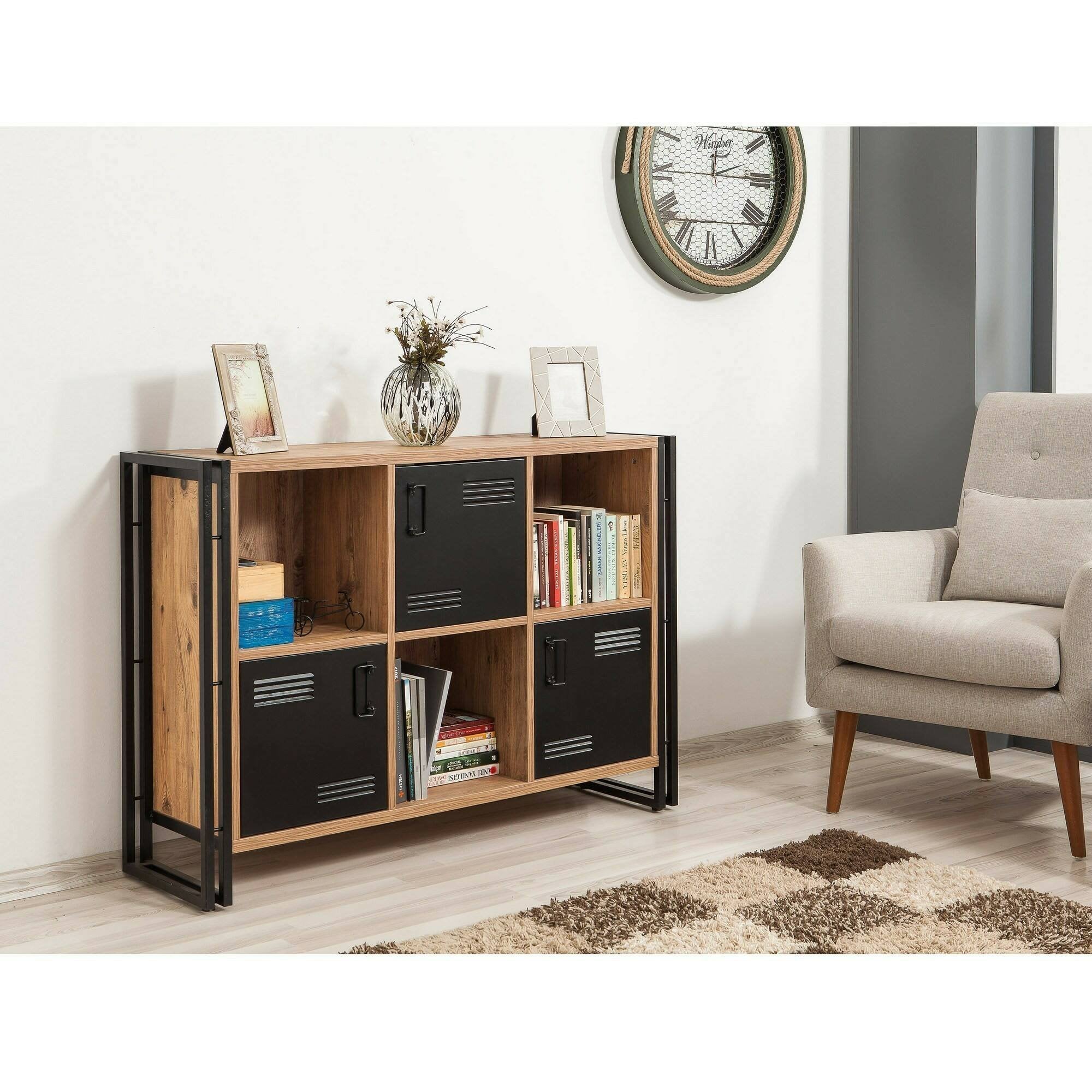 Libreria Ercolina, Scaffale da ufficio, Mobile portalibri, Biblioteca, 126x35h89 cm, Quercia e Nero